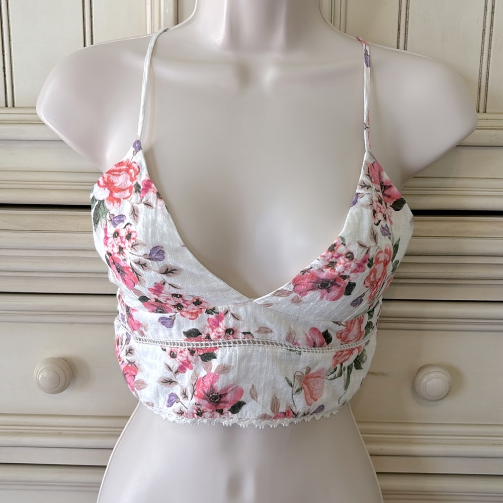 Women’s ZARA Cropped Cream & Pink/Peach Floral Lined Top Sz S NWT